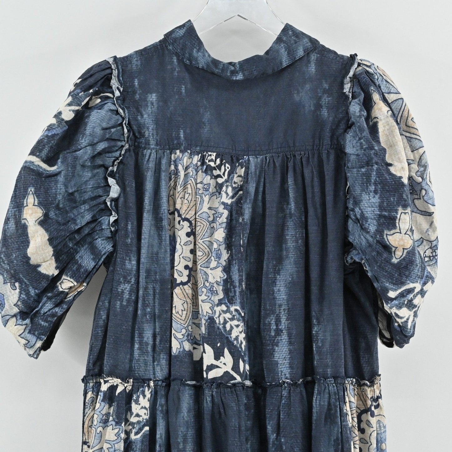 Anthropologie Let Me Be Puff Sleeve Patchwork Shirt Dress Sz XL Tiered Midi Boho
