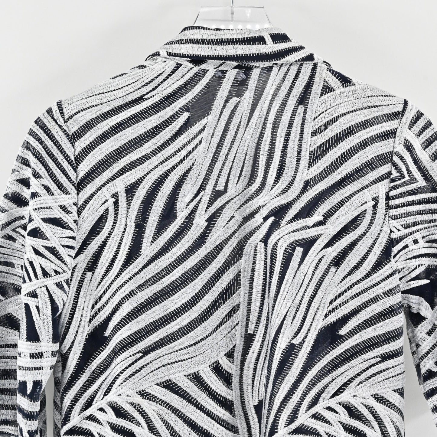 Chicos Womens Travelers Open Front Jacket Size S Navy Silver Embroidered Print