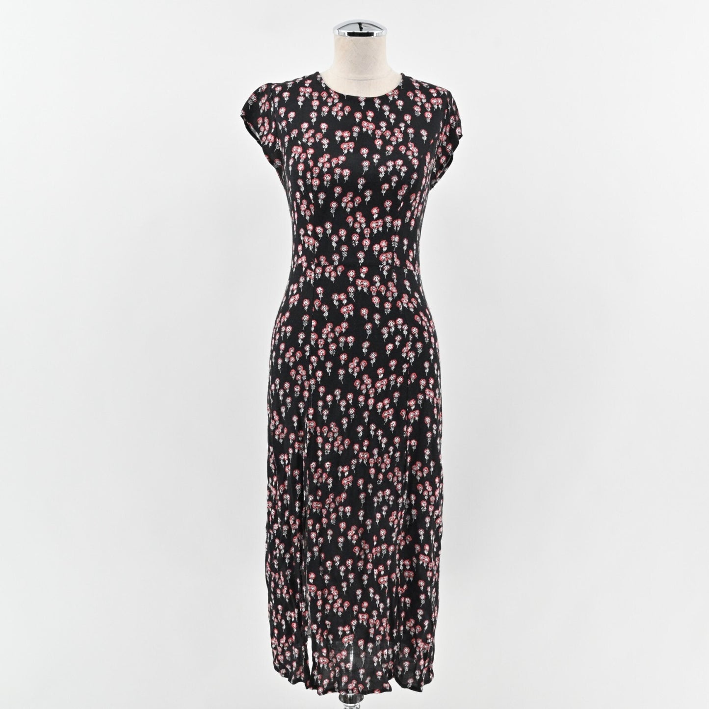 FREE PEOPLE Corrie Dress Size L Floral Printed Midi Side Slit Black Boho ALine
