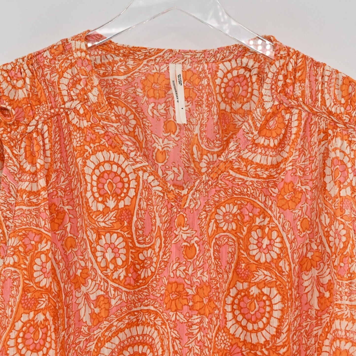 ANTHROPOLOGIE Top Womens Sz Small Orange Printed Tassel Tie Shoulder Boho Blouse