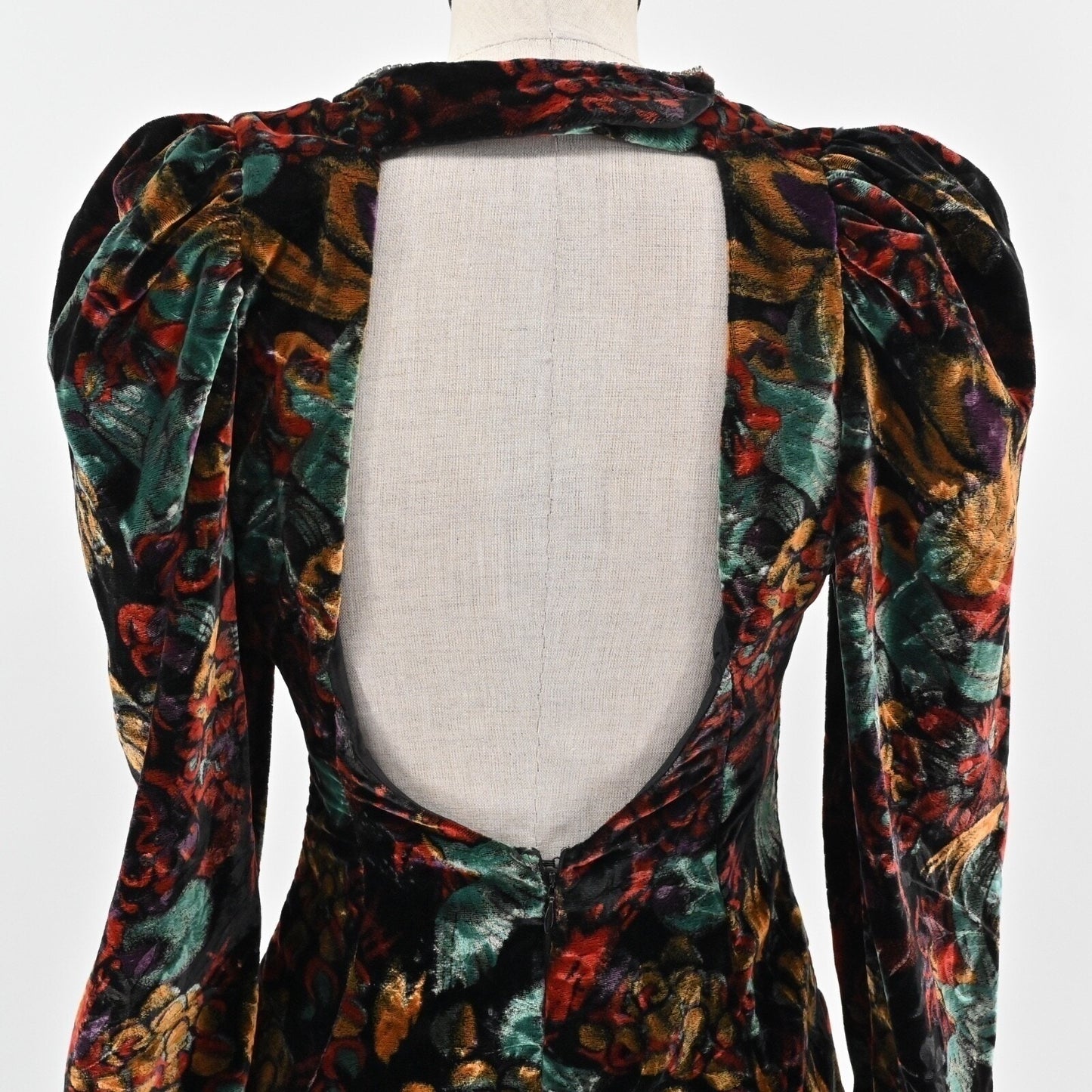 Vtg 80s Floral Velvet Dress Size S Whimsigoth Dark Romantic Puff Goth Open Back