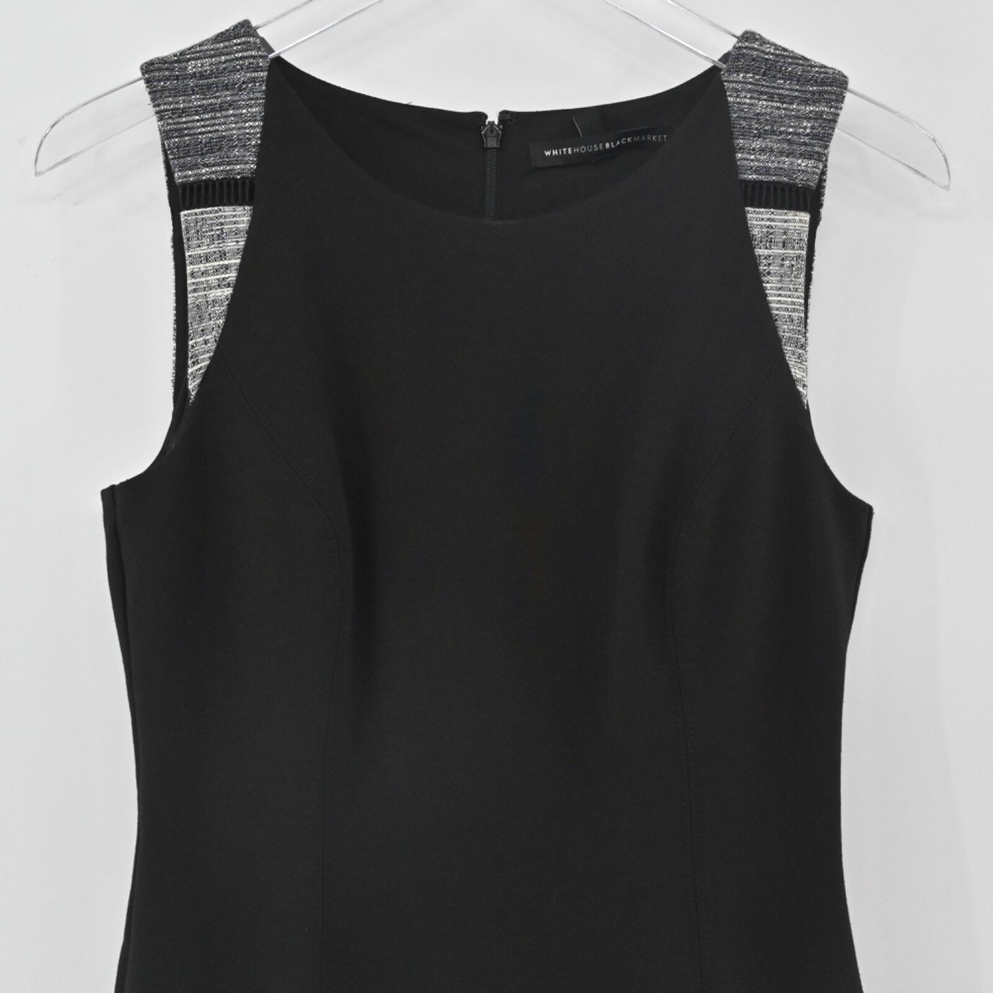 WHBM Sheath Dress Size 2 Black Sleeveless Tweed Trim Stripe Minimalist Elegant