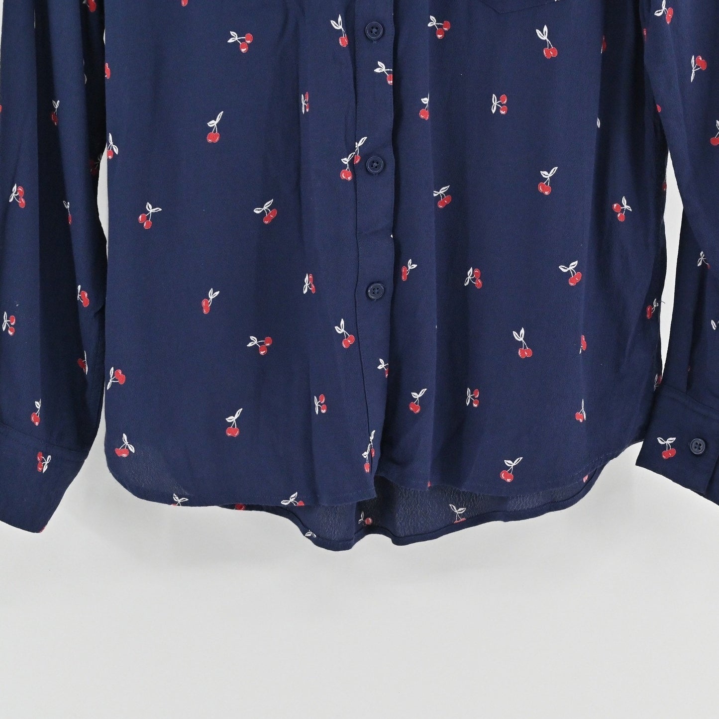 Rails Womens Kate Top Size XS Cherry Print Preppy Button Navy Blue Long Sleeve