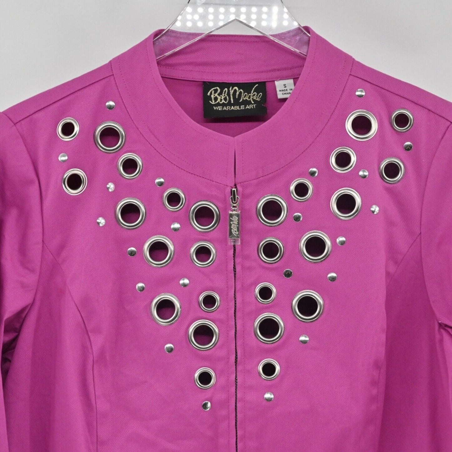 Vtg BOB MACKIE Jacket Womens Size S Pink Grommet Studded 3/4 Sleeve Full Zip 90s