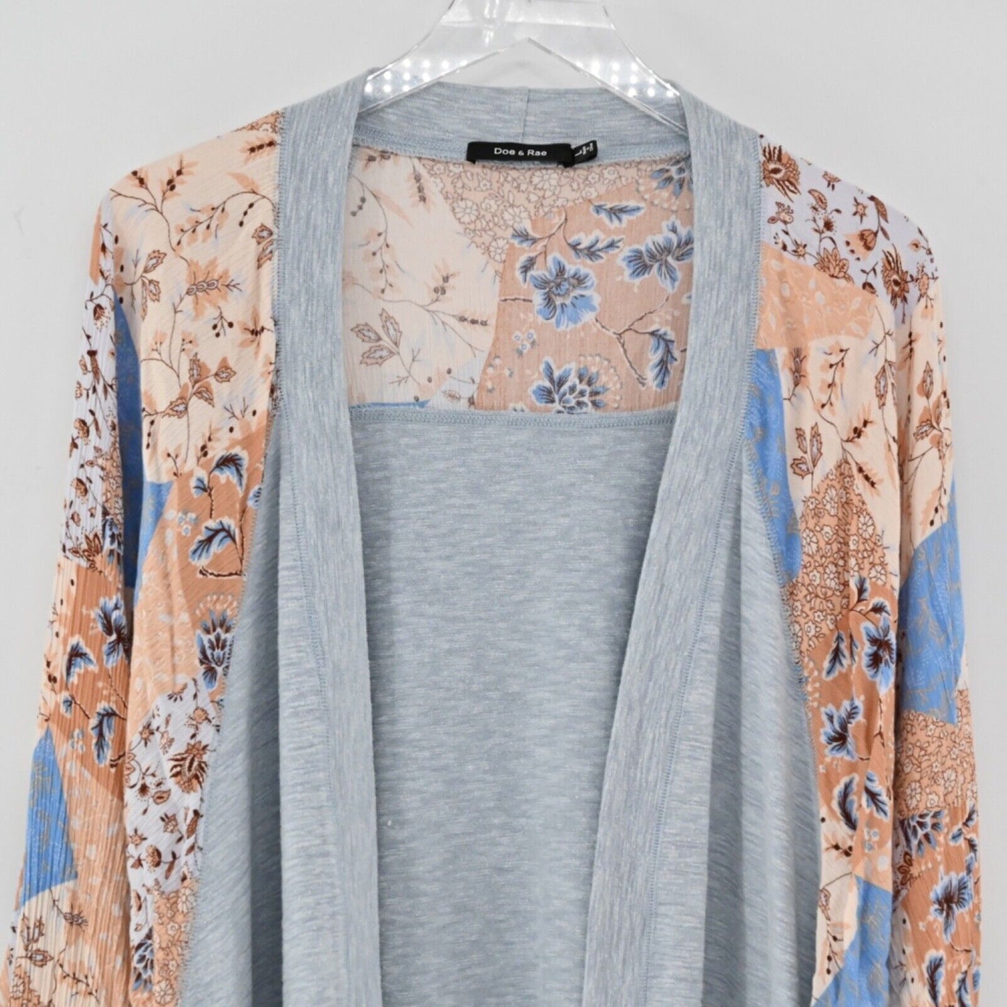DOE AND RAE Cardigan Womens Sz L Blue Floral Patchwork Dolman Sleeve Open Front