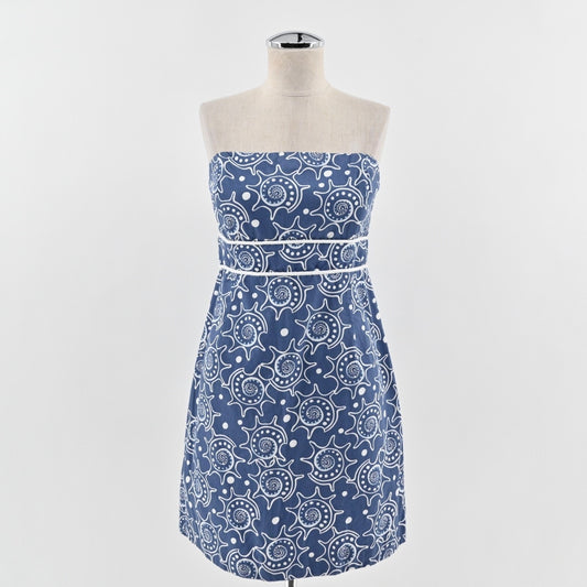Vineyard Vines Strapless Seashell Dress Sz 6 Blue 100% Cotton Preppy Beach Retro