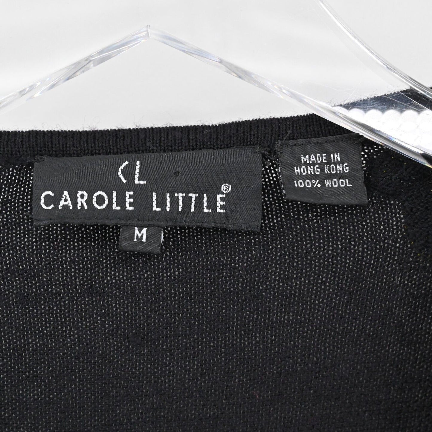 Vtg CAROLE LITTLE Sweater Womens Sz M Floral Beaded Black Wool Knit V Neck Retro