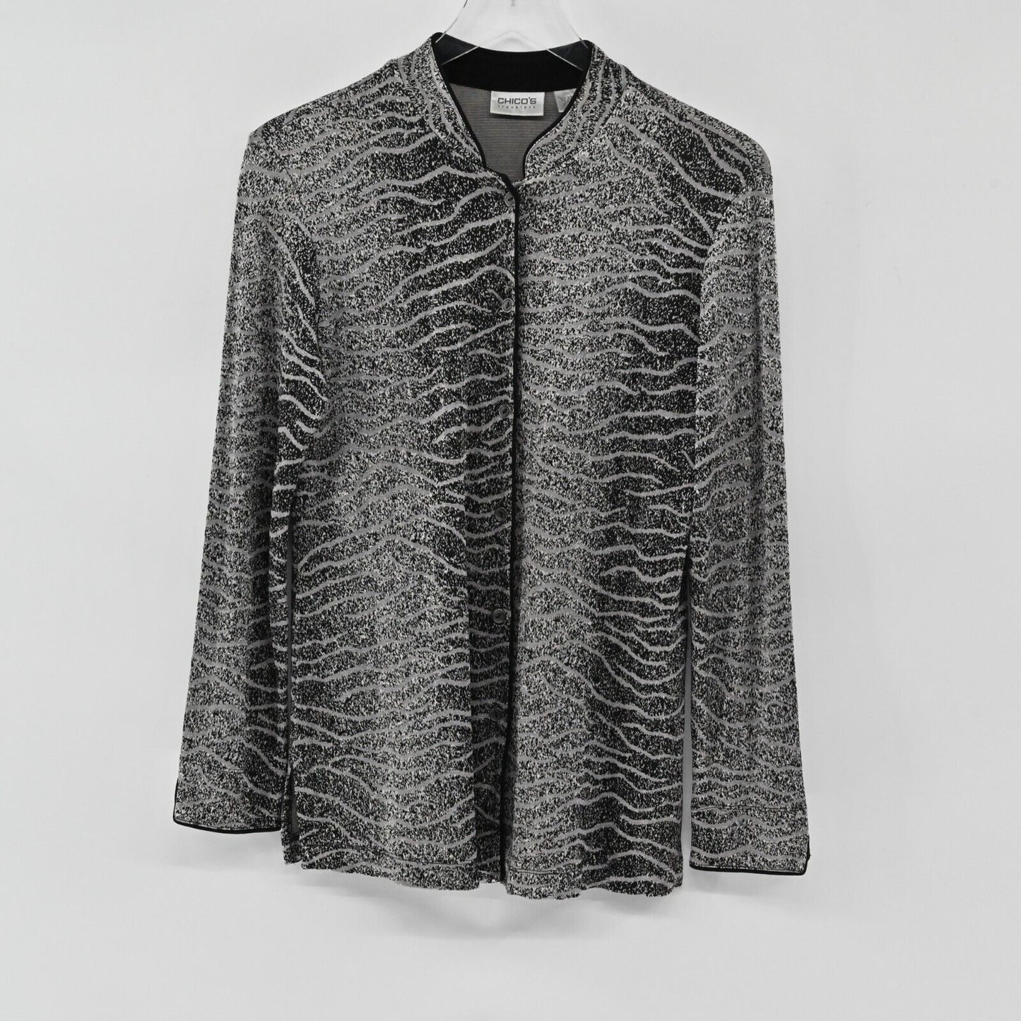 CHICOS Sweater Womens Size M Slinky Knit Long Sleeve Zebra Print Cardigan Jacket