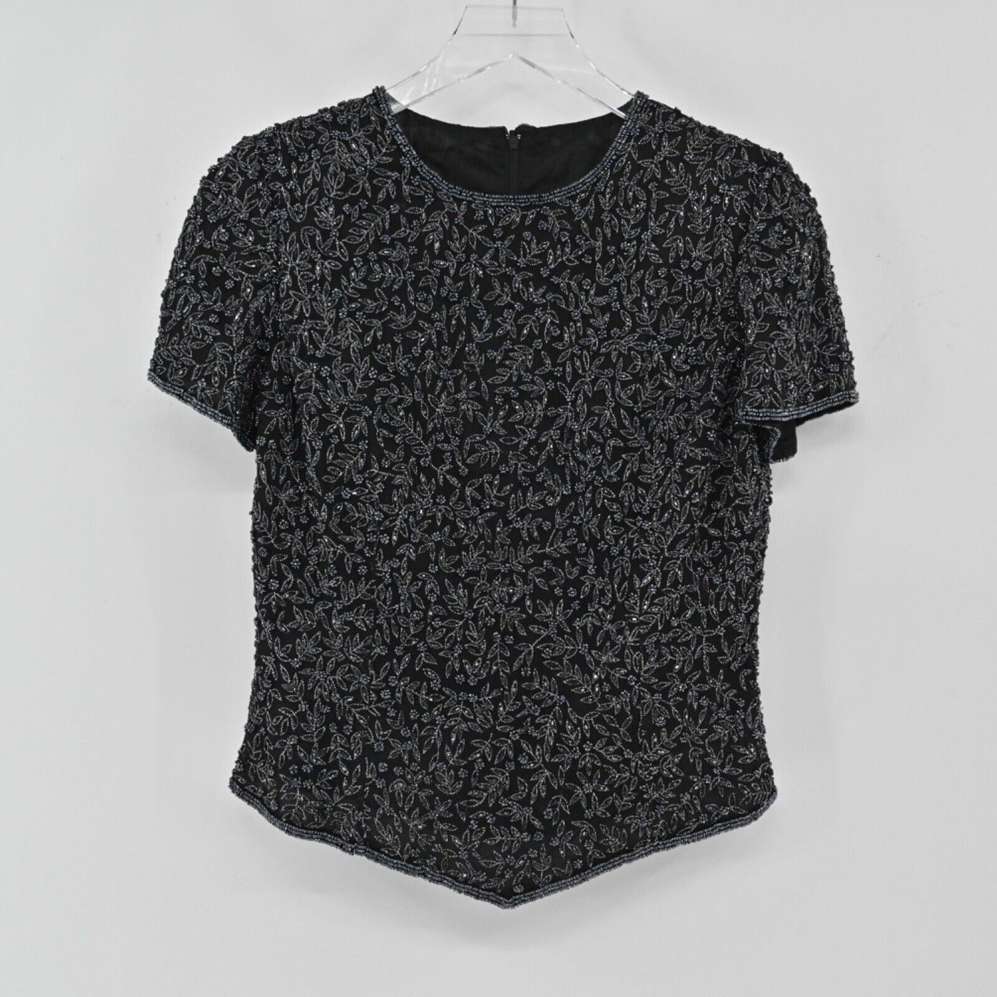 Vtg PAPELL BOUTIQUE EVENING Beaded Top Womens Size M Black Floral Silk Glam 80s