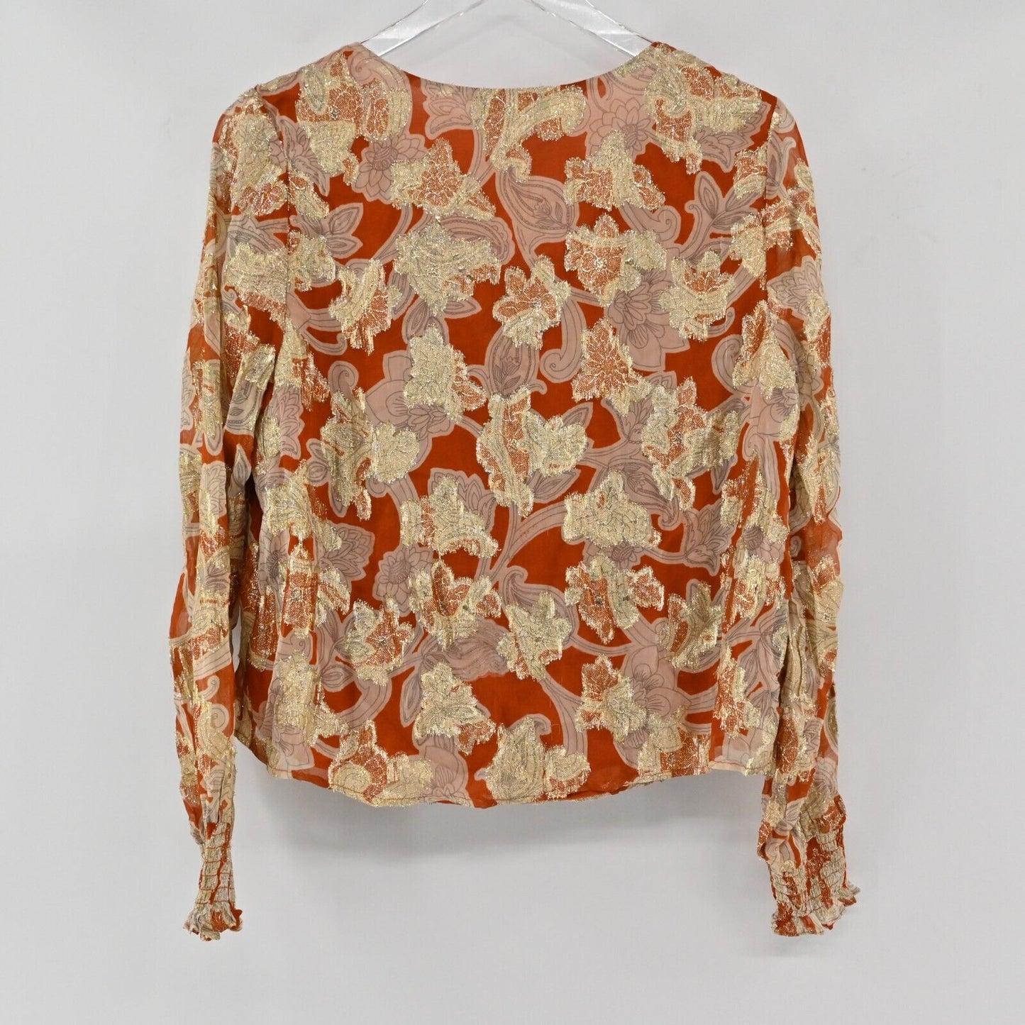 BODEN Top Womens Sz 6 VNeck Jacquard Blouse Rust Whirl Floral Print Long Sleeve