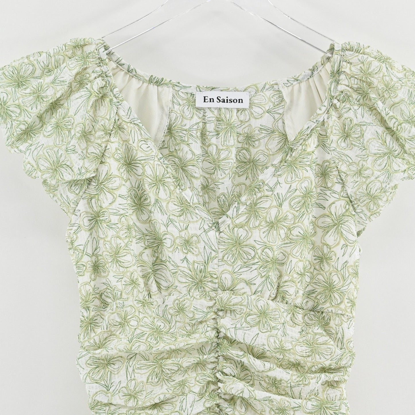 En Saison Monique Ruched Floral Mini Dress Size S Romantic Green Puff Sleeve