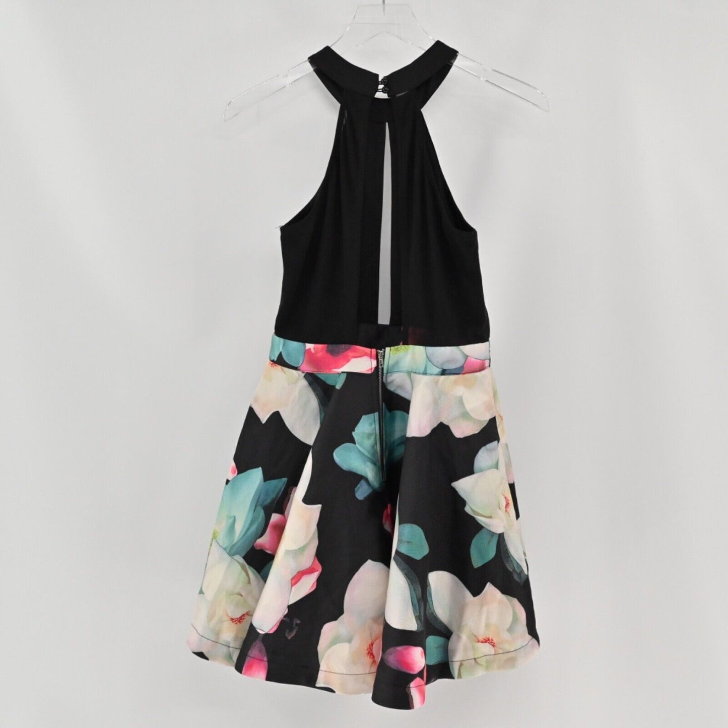 LUXXEL Dress Womens Size S Mini Fit Flare Halter Black Floral Satin Retro Prom