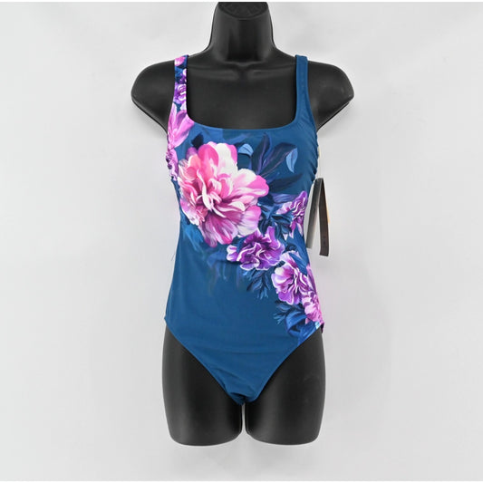 Gottex Womens Size 6 Fiji Navy Pink Floral Print Square Neck One Piece Swimsuit