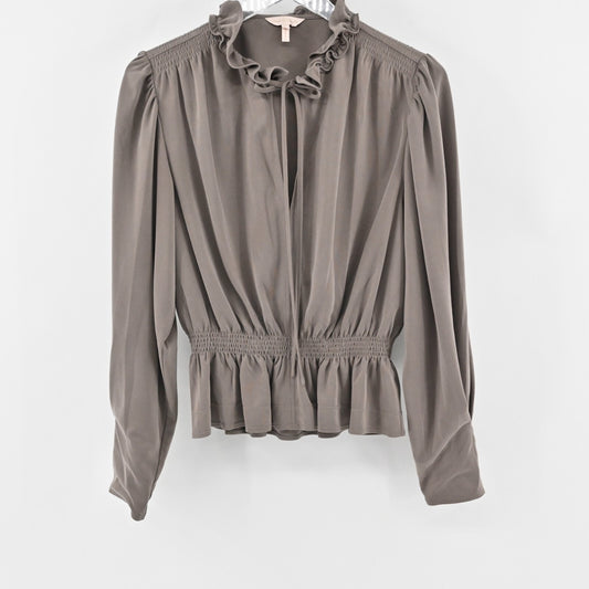 REBECCA TAYLOR Top Womens Size M Sandwash VNeck Taupe Smocked Ruffle Trim Blouse
