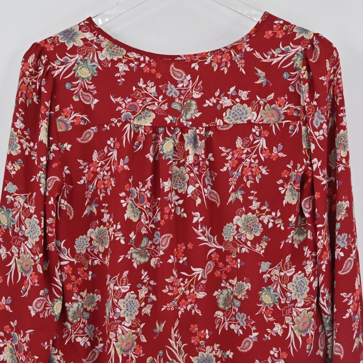 LOFT Top Womens Size XS Red Floral Tie V-Neck Blouse Ruffle Hem Balloon Sleeve