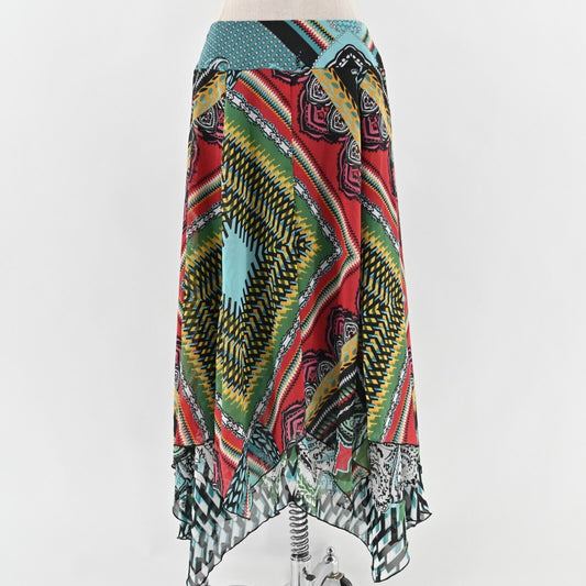 Vtg Y2k Skirt Sz 4 Multicolor Chiffon Handkerchief Flowy Boho Midi Hanky Hem