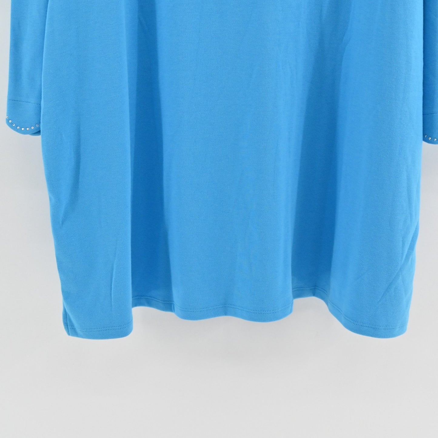 Quacker Factory Womens Scalloped Rhinestone Top Size 3X Blue 3/4 Puff Sleeve
