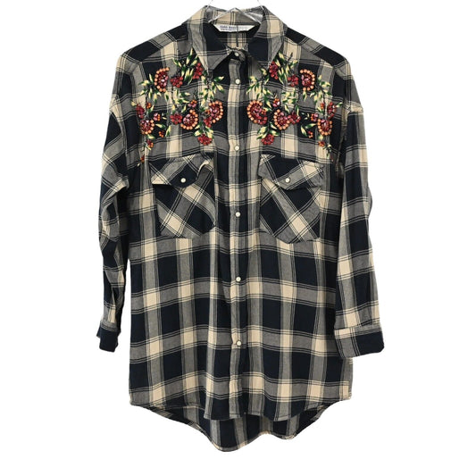 ZARA Top Womens Sz XS Plaid Pearl Snap Flannel Floral Embroidery Beading Pockets