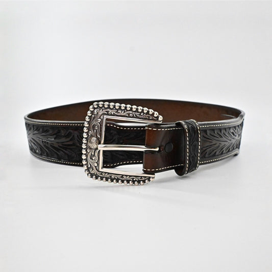 ARIAT Womens Tooled Leather Belt Size 38 Dark Brown Floral Silver Buckle Western