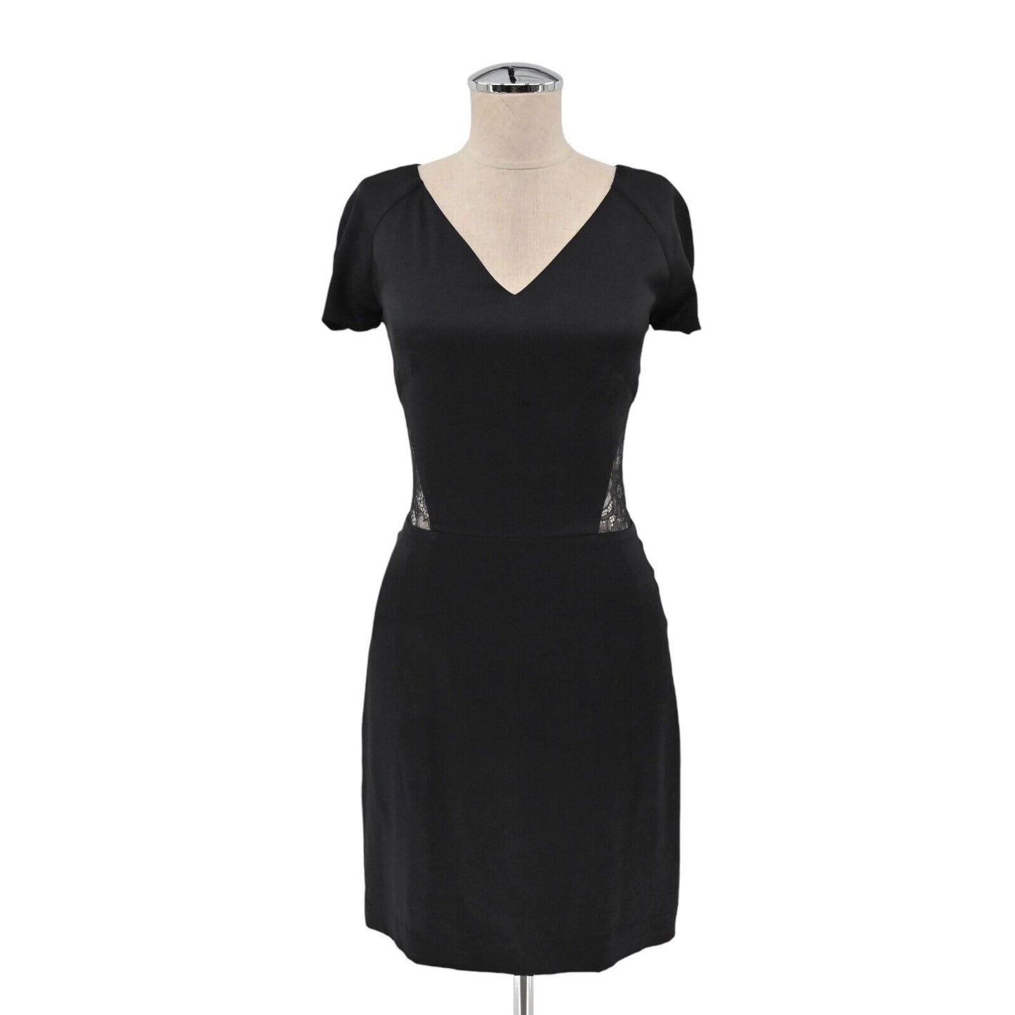 BARNEYS NEW YORK Dress Womens Sz 2 CO OP Black Short Sleeve VNeck Lace Back Silk