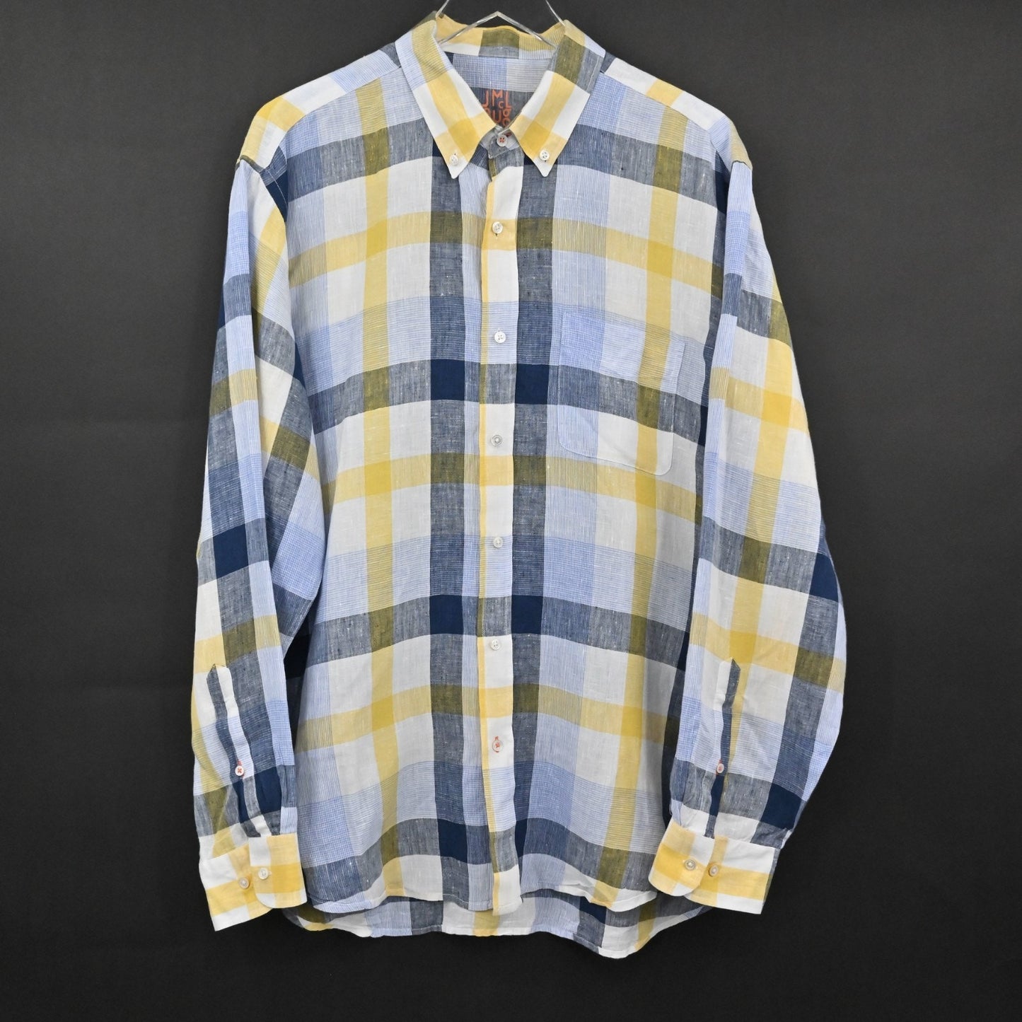J McLaughlin Mens Plaid Collared Shirt Size XL Linen Blue Yellow Button Down