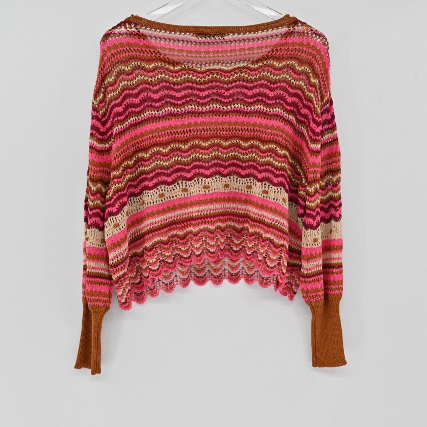ZARA Sweater Women Sz M Pink Orange Stripe Cotton Blend Open Knit Boat Neck Boho