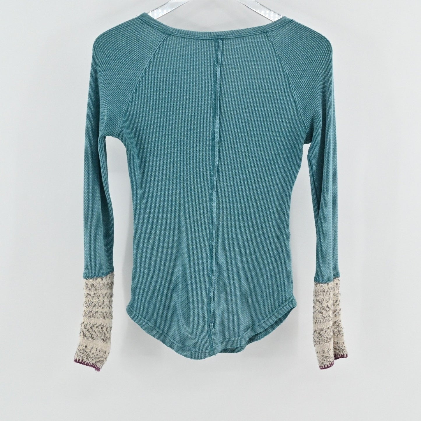 Free People Womens Apline Top Size XS Teal Thermal Waffle Knit Cuff Henley Boho