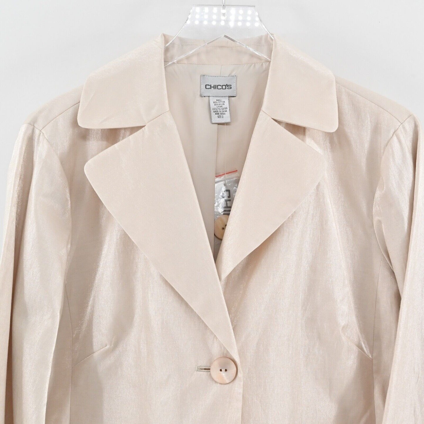 CHICOS Jacket Womens Size L Beige Metallic Cotton Blend Button Front Ailene NEW