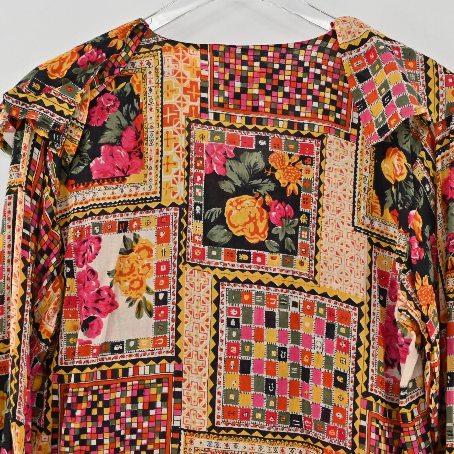 Vtg GITANO Top Womens Size S Patchwork Ruffle Long Sleeve Multicolor Blouse