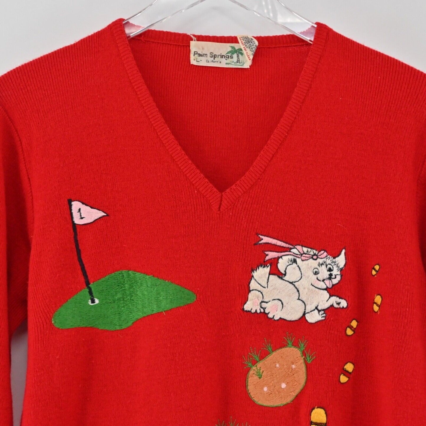 Vtg PALM SPRINGS Novelty Golf Sweater Womens Size L Red Embroidered V Neck 80s