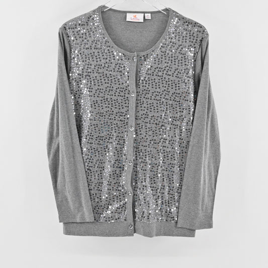 Quacker Factory Womens Sequin Cardigan Size M Silver Gray Button Front Sweater