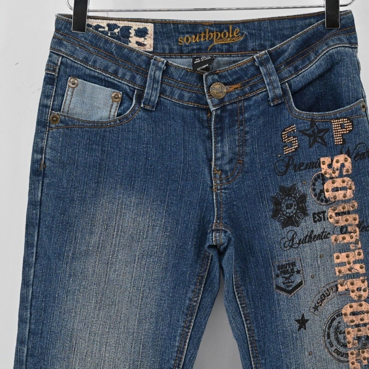 Vtg Y2k SOUTHPOLE Womens Studded Low Rise Jeans Sz 5 Logo Graphic Urban Graffiti