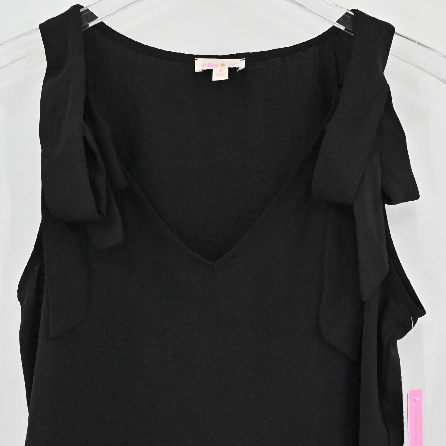 RILEY RAE Top Womens Sz S Lily Tie Shoulder V Neck Shirt Tank Black Academia NEW