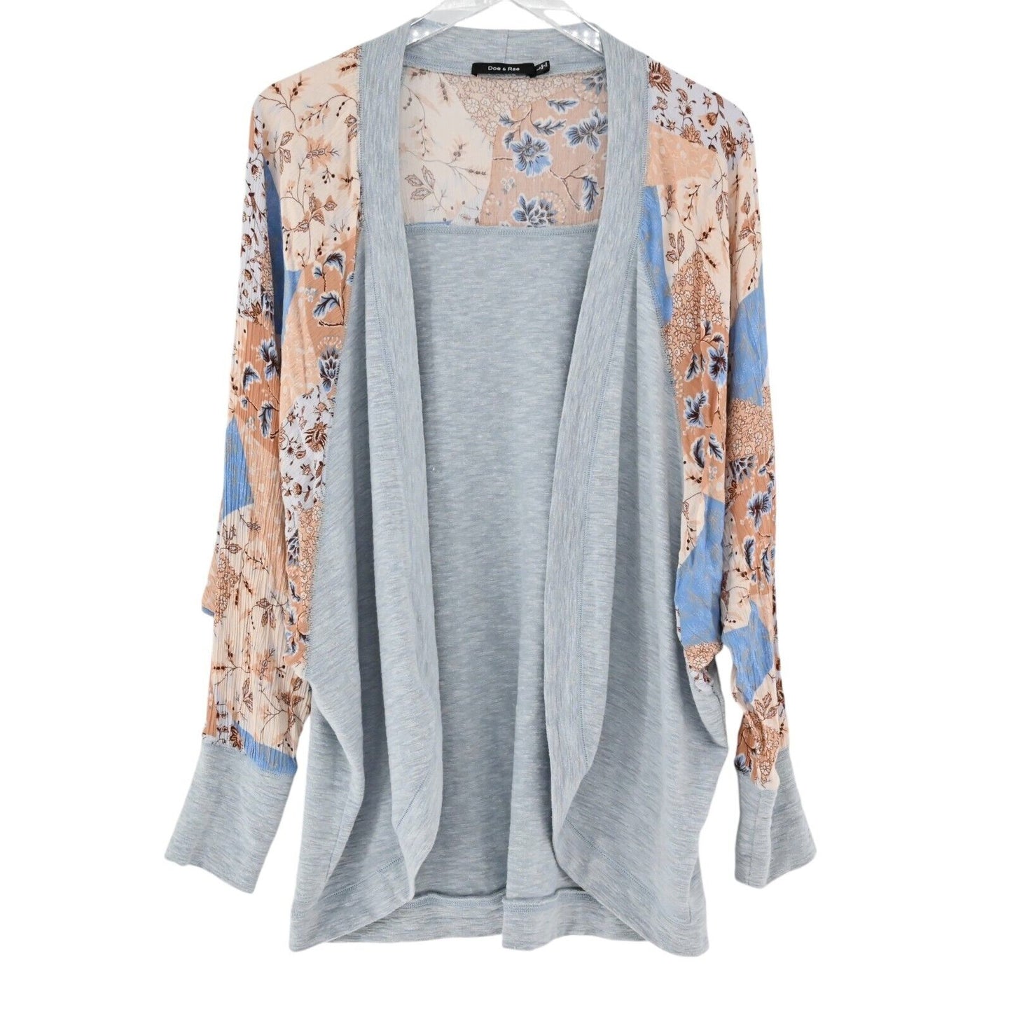 DOE AND RAE Cardigan Womens Sz L Blue Floral Patchwork Dolman Sleeve Open Front