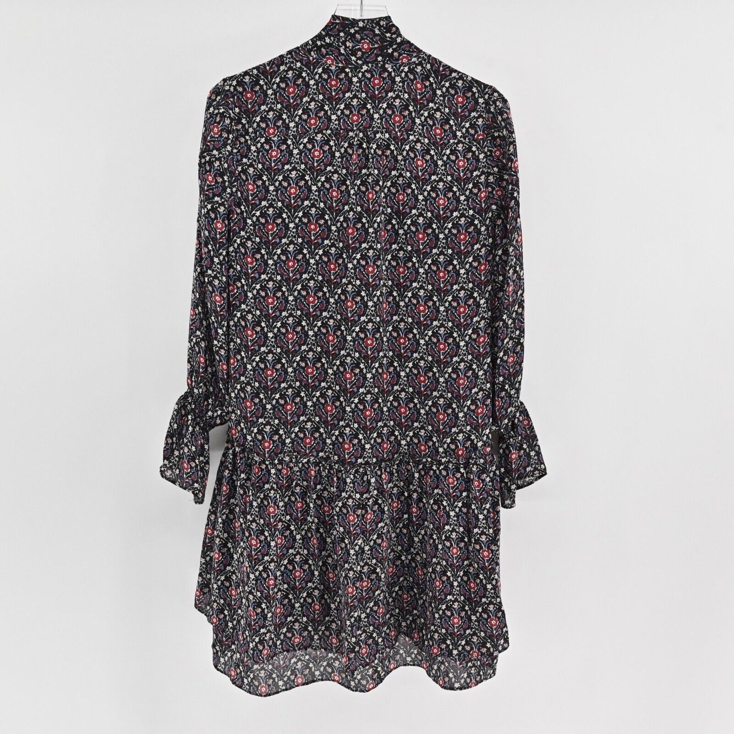 JOIE Dress Sz S Jamira Black Floral Silk Tie Neck Bell Sleeve Ruffle Mini Ditsy