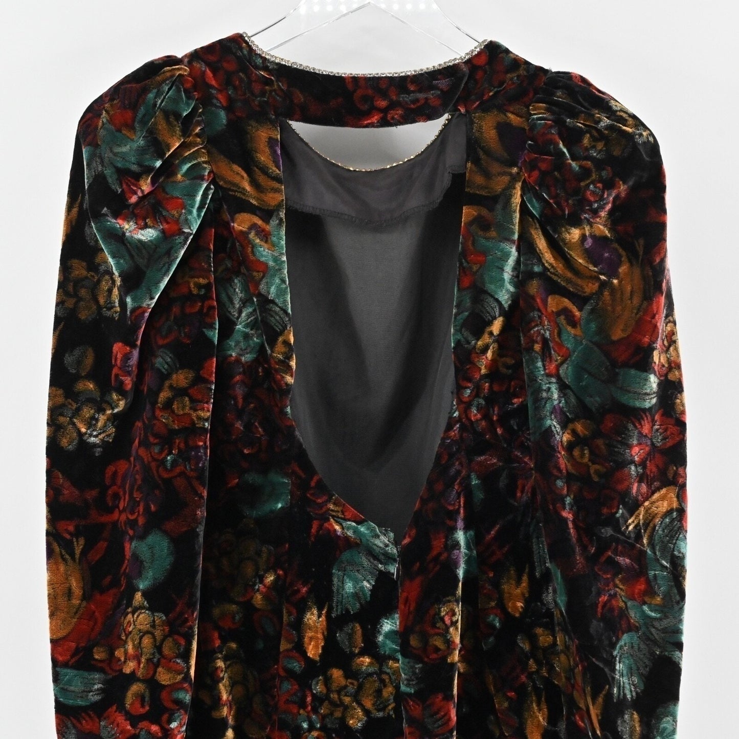 Vtg 80s Floral Velvet Dress Size S Whimsigoth Dark Romantic Puff Goth Open Back