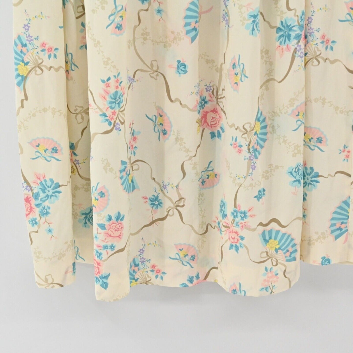 Vtg KORET CAREER Skirt Womens Sz S Ivory Floral Fans Bows Pleated Midi Retro 80s