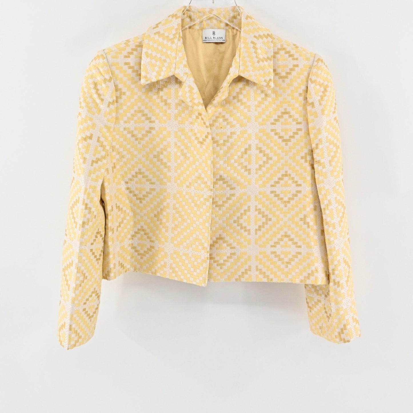 Vtg BILL BLASS Blazer Womens Size 6 Yellow Geometric Cropped Open Front Jacket