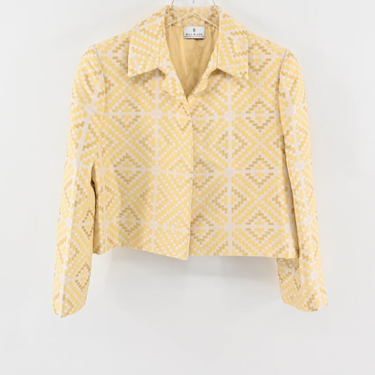 Vtg BILL BLASS Blazer Womens Size 6 Yellow Geometric Cropped Open Front Jacket