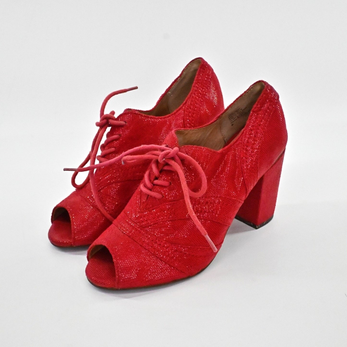 SEYCHELLES Womens Eternity Peep Toe Oxford Heels Sz 6 Red Shimmer Lace Up Retro
