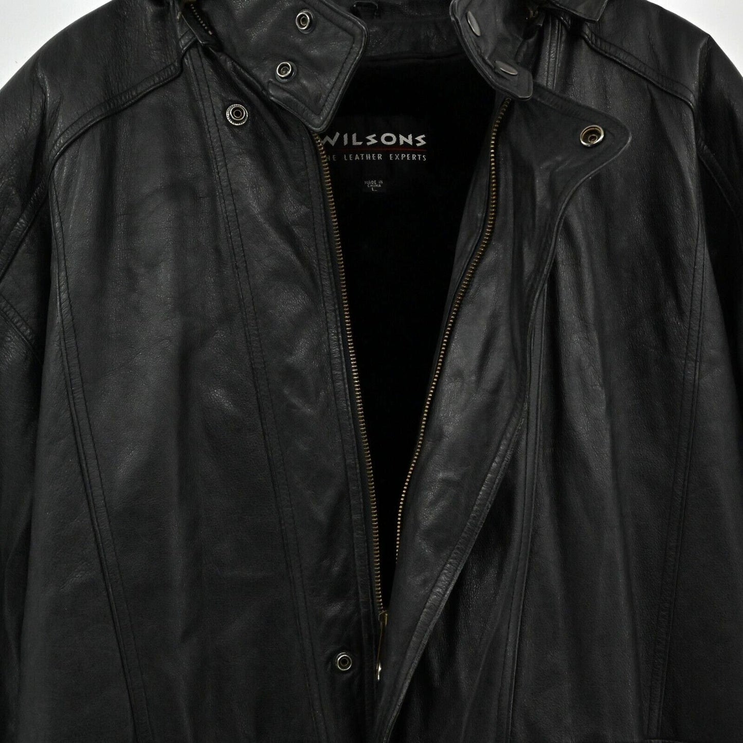 Vtg WILSONS Leather Coat Mens L Black Removable Hood Belted Faux Fur Lined 80s