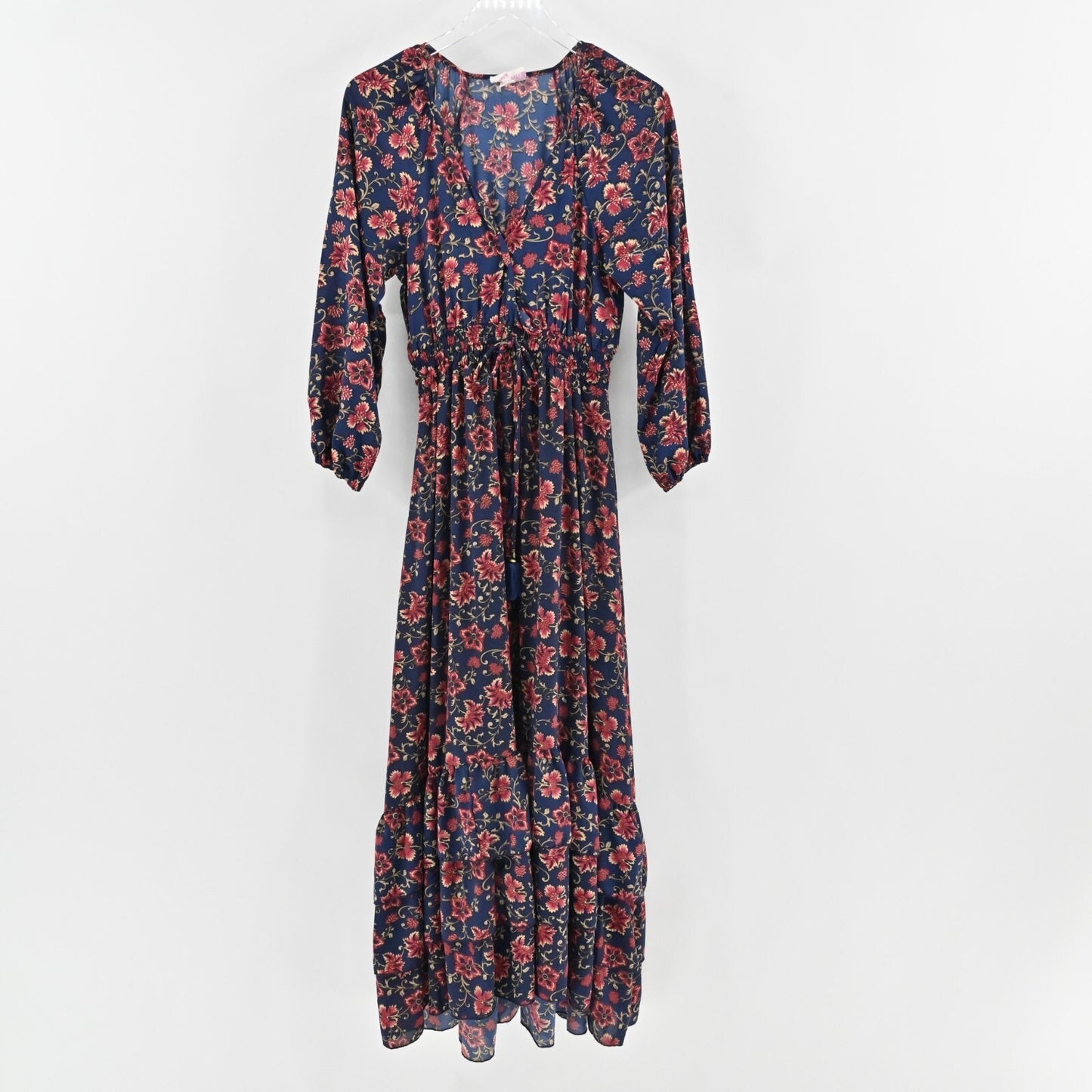 BOEMO Dress Size LP Navy Red Long Sleeve VNeck Tie Waist Floral Print Boho Maxi