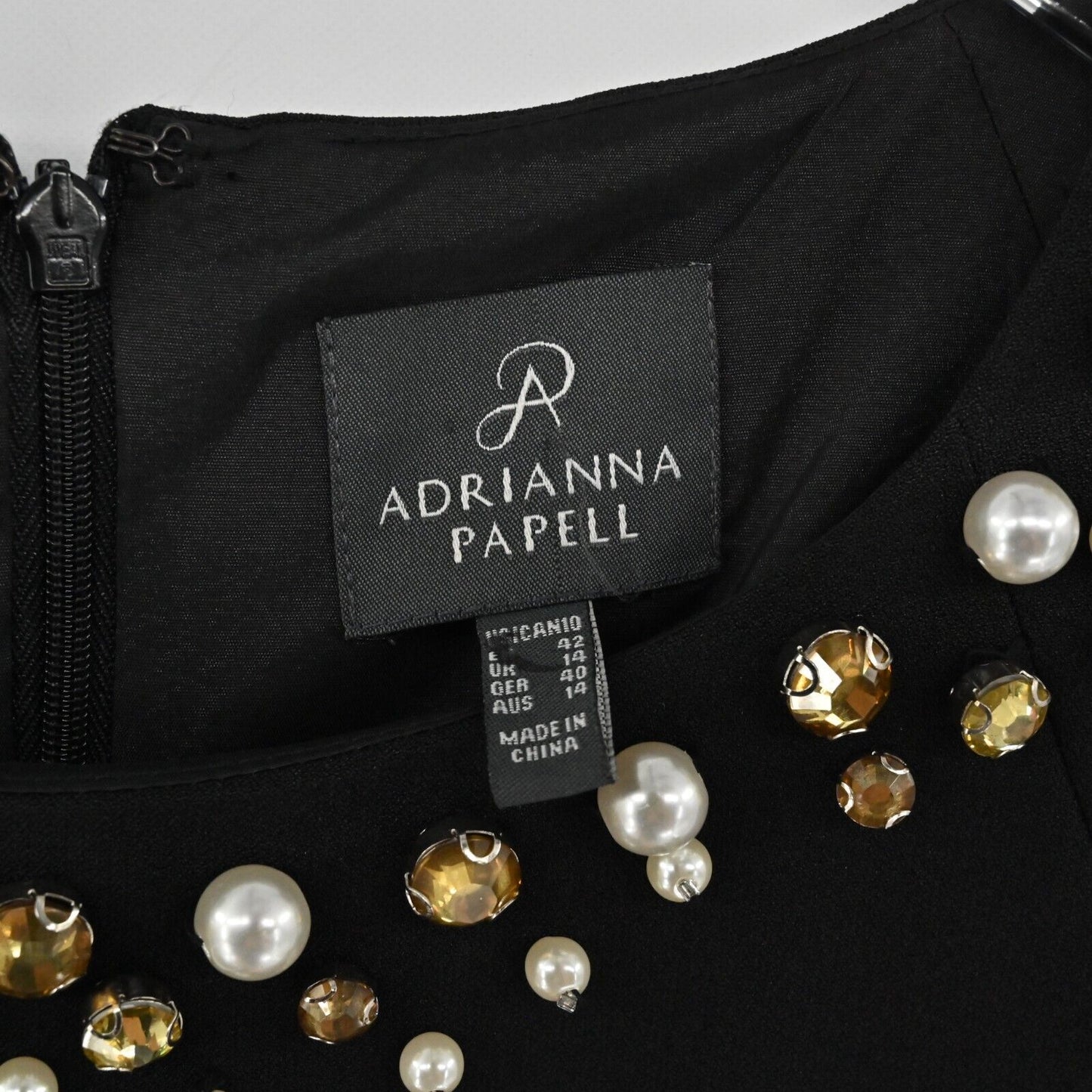 ADRIANNA PAPELL Dress Womens Size 10 Beaded Neck Solid Black Ruched Sleeveless