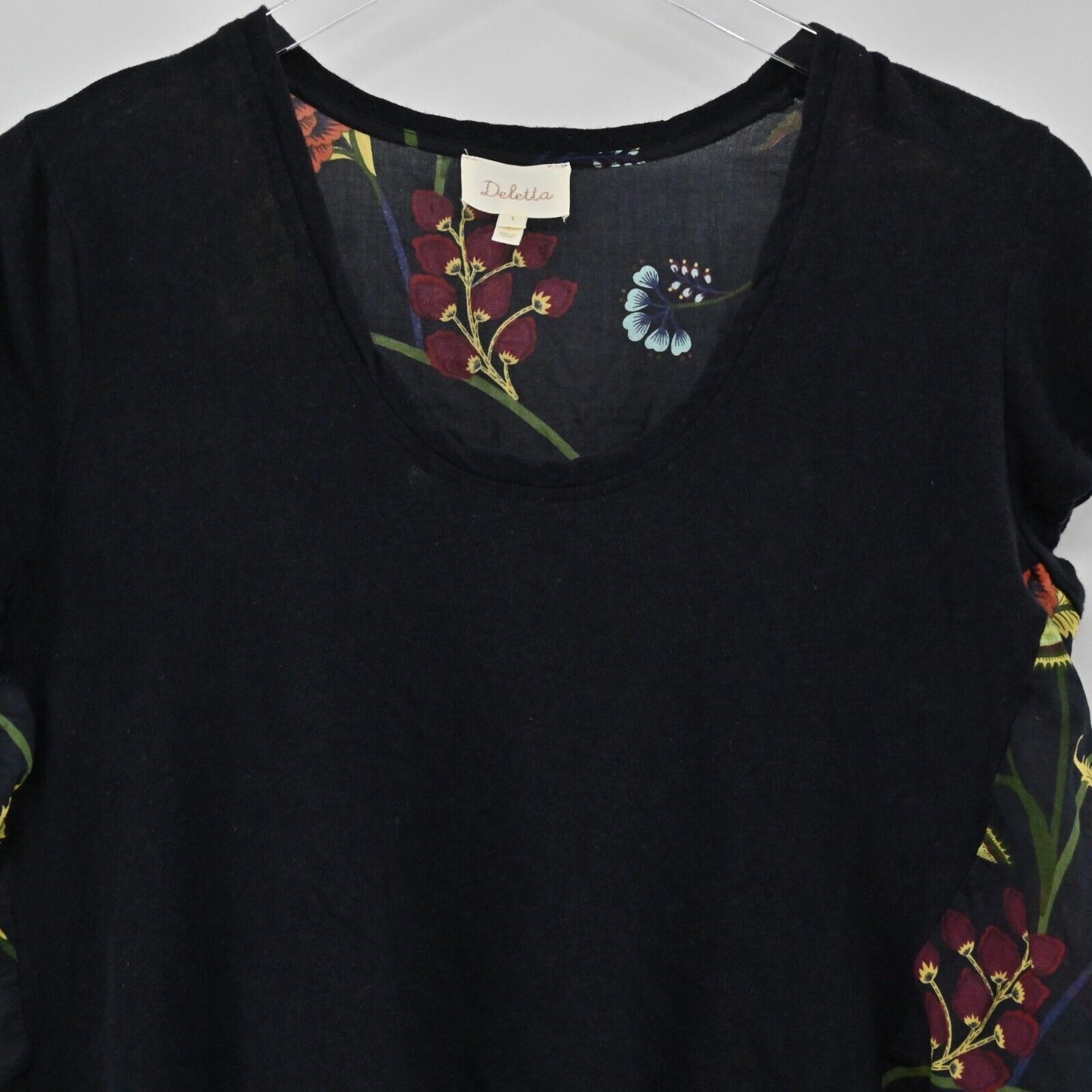 ANTHROPOLOGIE Top Womens Sz S Deletta Silver Fern Floral Navy High Low Peplum