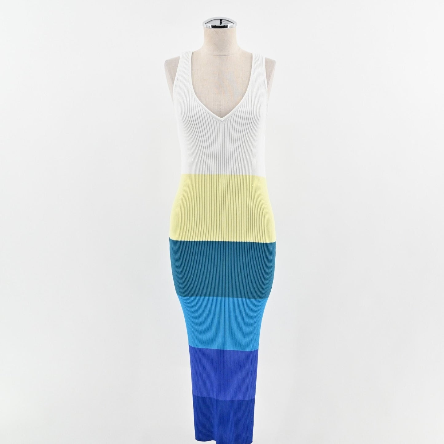 STAUD Dress Size L Dana Blue Colorblock Sleeveless VNeck Rib Knit Fitted Midi