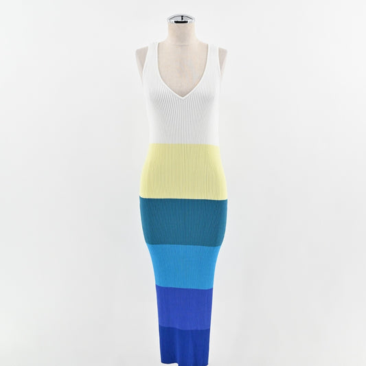 STAUD Dress Size L Dana Blue Colorblock Sleeveless VNeck Rib Knit Fitted Midi
