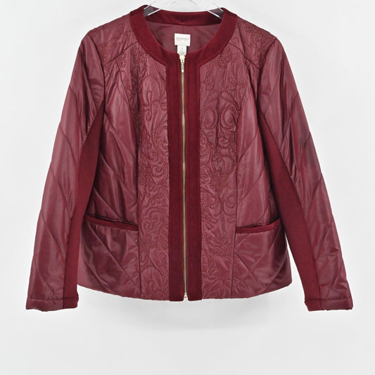 CHICOS Jacket Womens Size M Zenergy Red Maple Velvet Trim Embroidered Zip Front