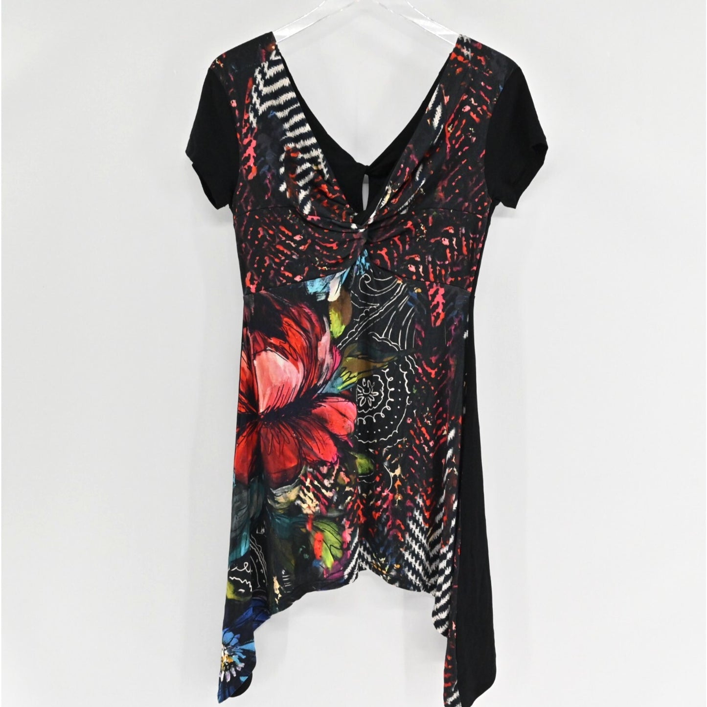 DESIGUAL Womens Asymmetrical Dress Sz S Black Floral Tropical Short Sleeve VNeck