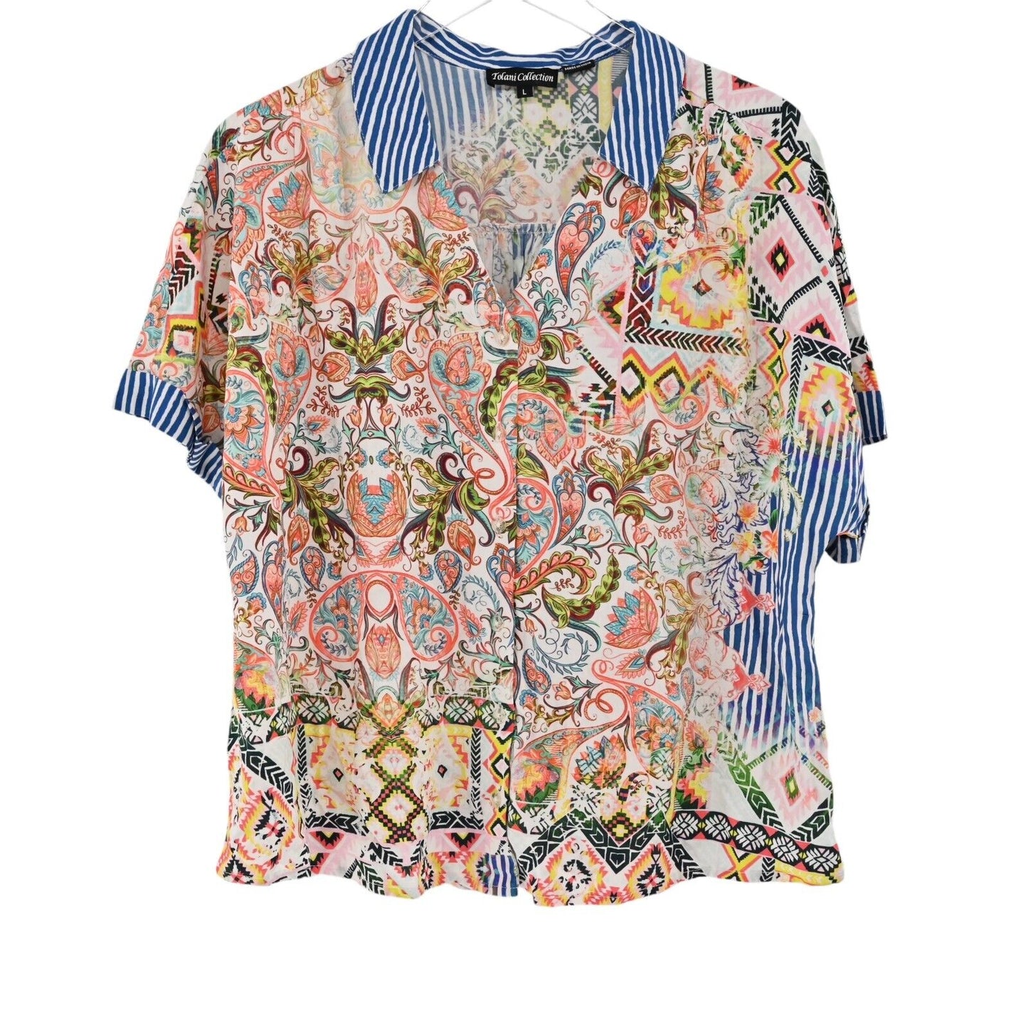 TOLANI Top Womens Size L Multicolor Collar Boxy Fit Short Sleeve Button Front