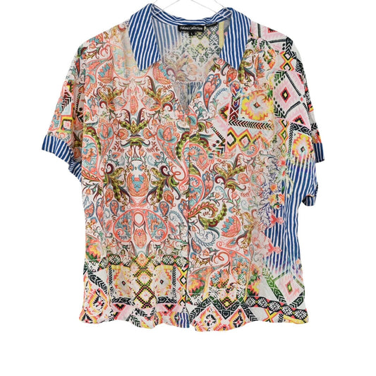 TOLANI Top Womens Size L Multicolor Collar Boxy Fit Short Sleeve Button Front